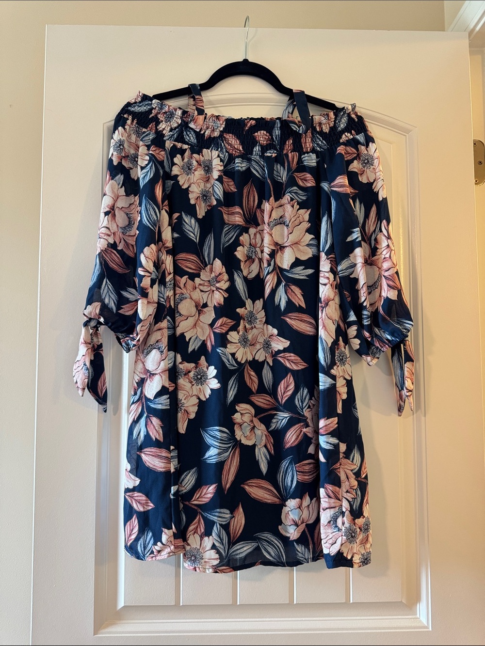 As U Wish Navy Blue Floral Off-Shoulder Tie-Sleeve Tunic